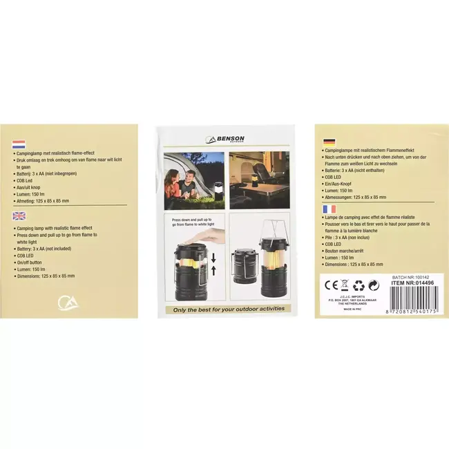 Benson Campinglamp - Realistisch vlammen-effect - 2-in-1 functie - 150 lumen - Compact formaat