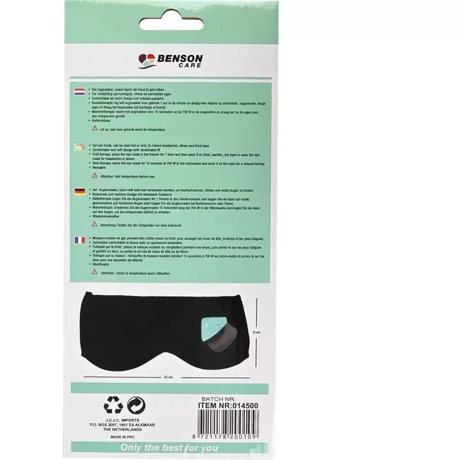 Benson Gel oogmasker - Warmte en koudetherapie - Herbruikbaar en comfortabel - 21x11 cm
