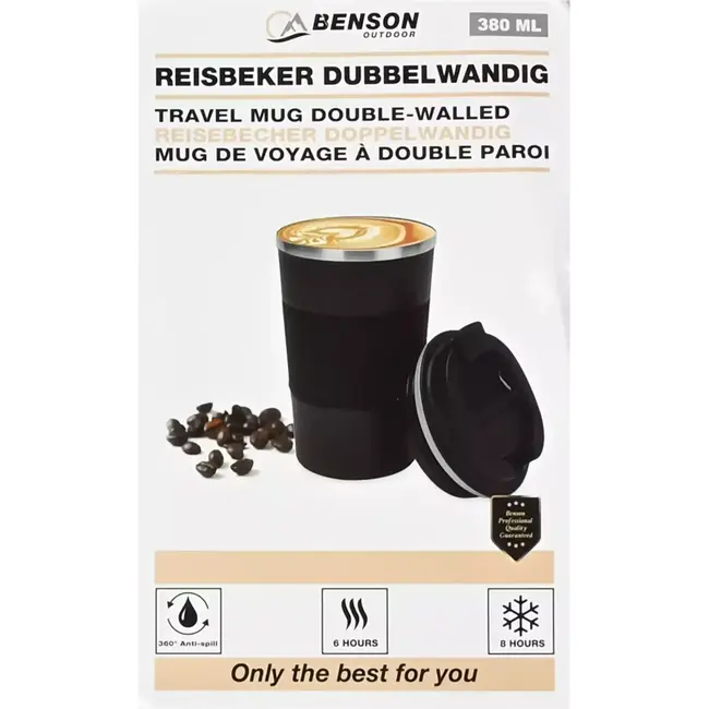 Benson Dubbelwandige reisbeker - RVS - Anti-lek - Siliconen grip - 380 ml