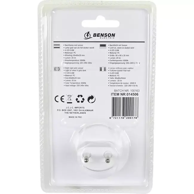 Benson LED nachtlamp met sensor - 4 LED's - 20 lumen - 6500K - 80x80x35 mm