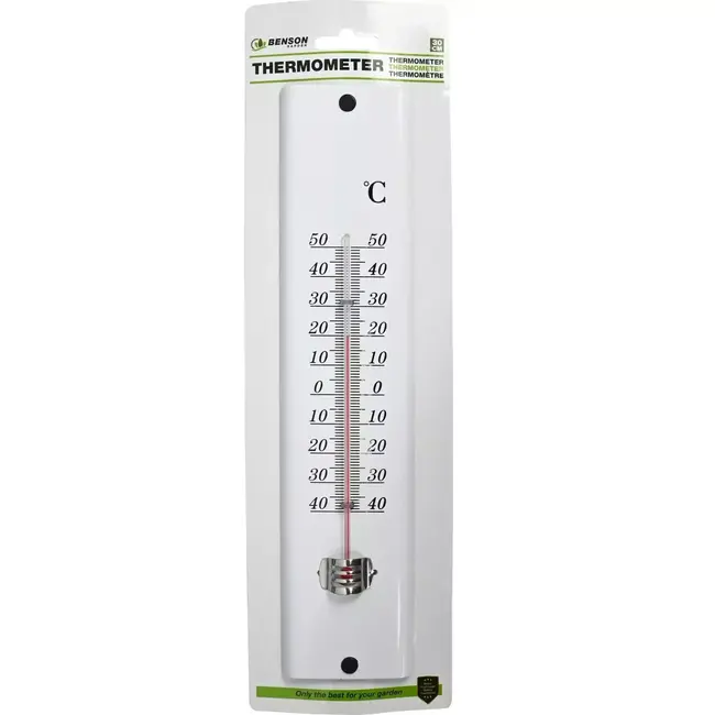 Benson Witte metalen thermometer - 30 cm - Celsius & Fahrenheit - Voor binnen en buiten - Inclusief ophangoog