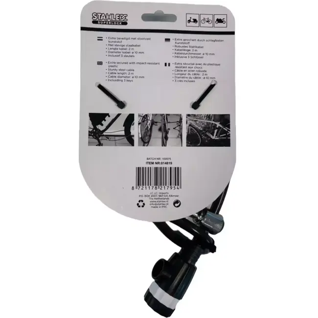 Benson Kabelslot - Extra Beveiligd - Stootvast Kunststof - 2 m - ø 10 mm - Inclusief 3 Sleutels