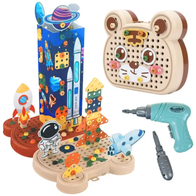 Ruhhy Educatieve 3D bouwset Kosmos 161-delig – ruimte thema met boormachine en teddybeer koffer