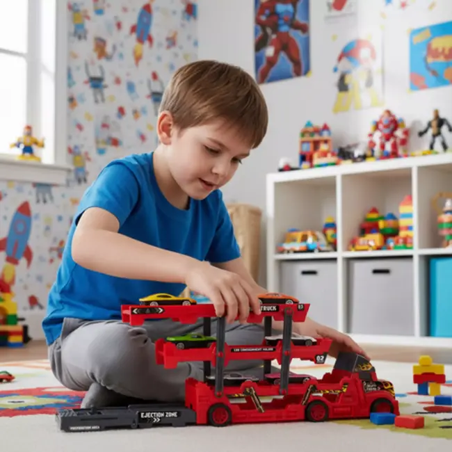 Ruhhy TIR vrachtwagen met 6 metalen auto’s - transporter met lanceerfunctie - voor kinderen