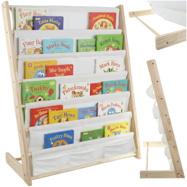 Kruzzel houten kinderboekenrek – 6 vakken met stof – ideaal voor prentenboeken - 60 x 70 x 25 cm