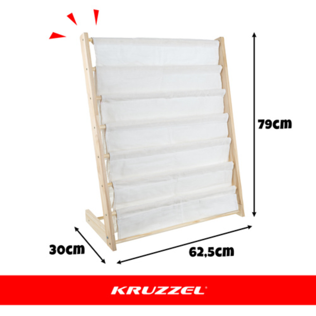 Kruzzel houten kinderboekenrek – 6 vakken met stof – ideaal voor prentenboeken - 60 x 70 x 25 cm