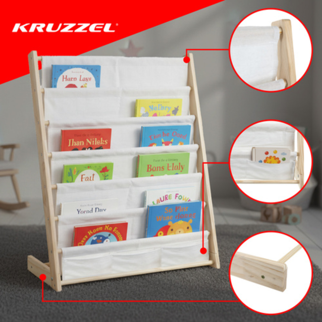 Kruzzel houten kinderboekenrek – 6 vakken met stof – ideaal voor prentenboeken - 60 x 70 x 25 cm