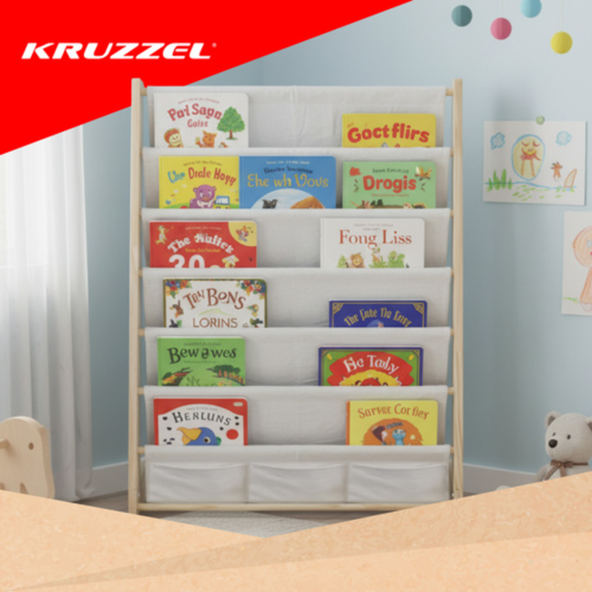 Kruzzel houten kinderboekenrek – 6 vakken met stof – ideaal voor prentenboeken - 60 x 70 x 25 cm