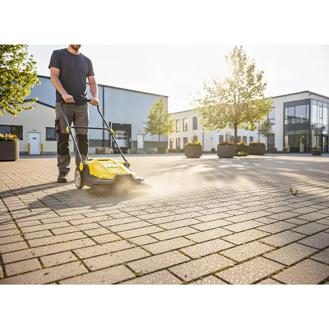 GEKO Handmatige bestratingsveger 65.5 cm met dubbele borstels en opvangbak voor harde ondergronden