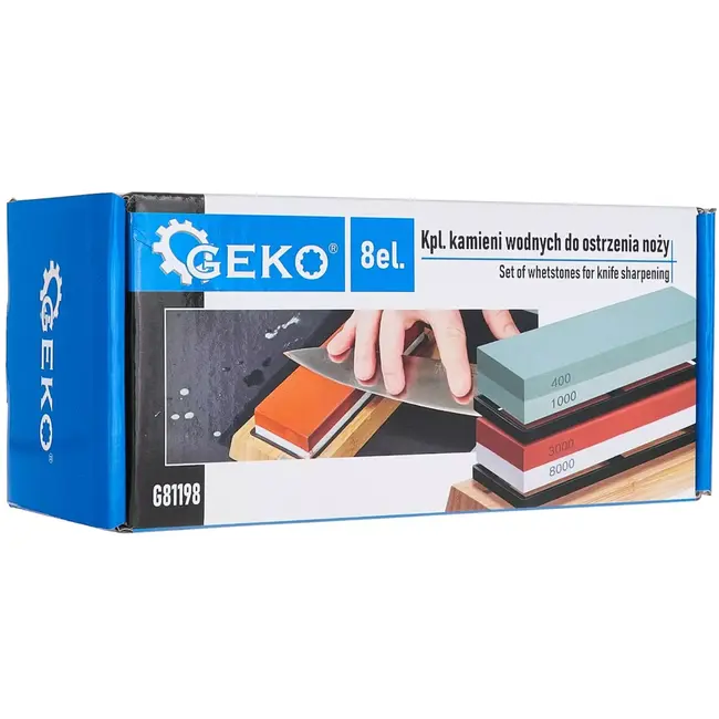 GEKO Complete 8-delige slijpstenen set met vier korrelgraden, hoekgeleider en lederen strop
