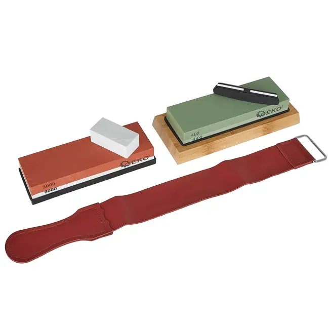 GEKO Complete 8-delige slijpstenen set met vier korrelgraden, hoekgeleider en lederen strop