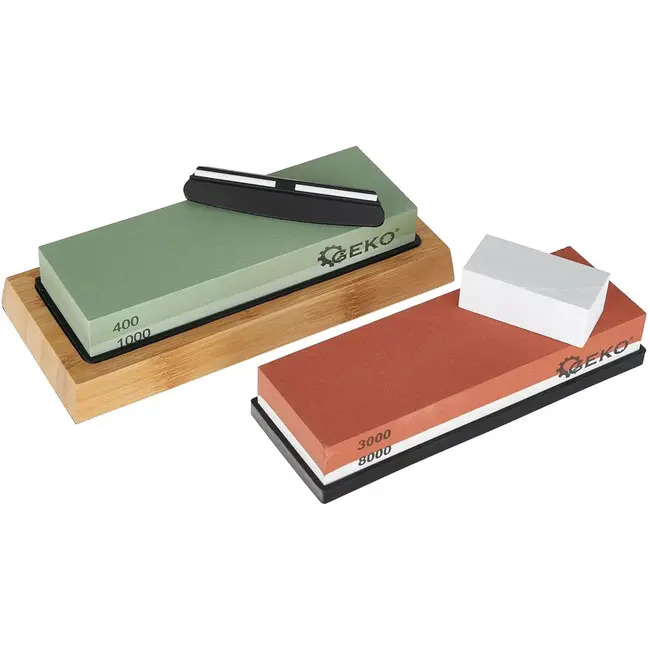 GEKO Complete 8-delige slijpstenen set met vier korrelgraden, hoekgeleider en lederen strop