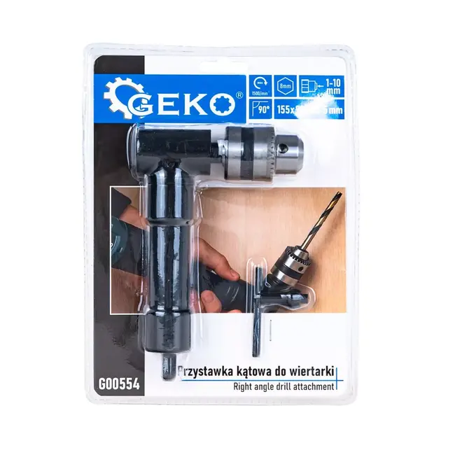 GEKO Compacte 90 graden hoekbooradapter voor 1–10 mm boren met stevige boorkop en sleutel