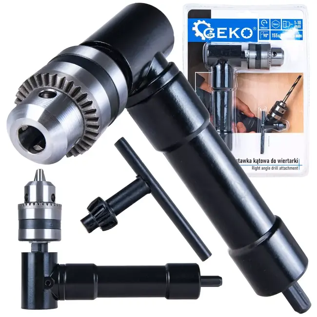 GEKO Compacte 90 graden hoekbooradapter voor 1–10 mm boren met stevige boorkop en sleutel