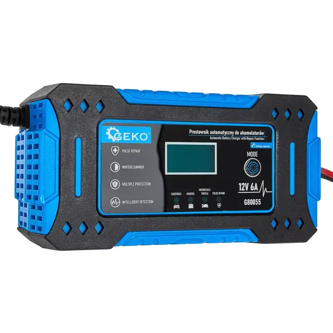 GEKO Intelligente 12V acculader 6A met reparatiemodus, lcd-display en automatische temperatuurregeling