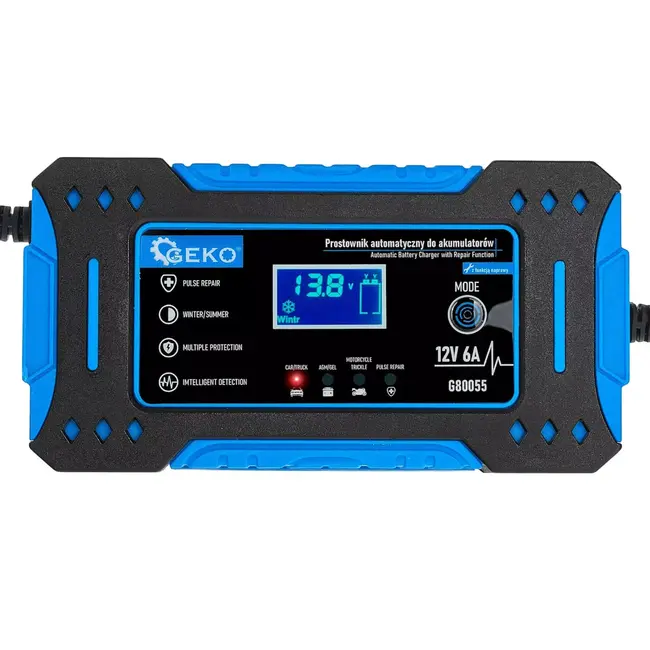 GEKO Intelligente 12V acculader 6A met reparatiemodus, lcd-display en automatische temperatuurregeling