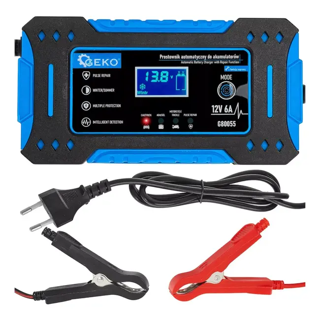 GEKO Intelligente 12V acculader 6A met reparatiemodus, lcd-display en automatische temperatuurregeling