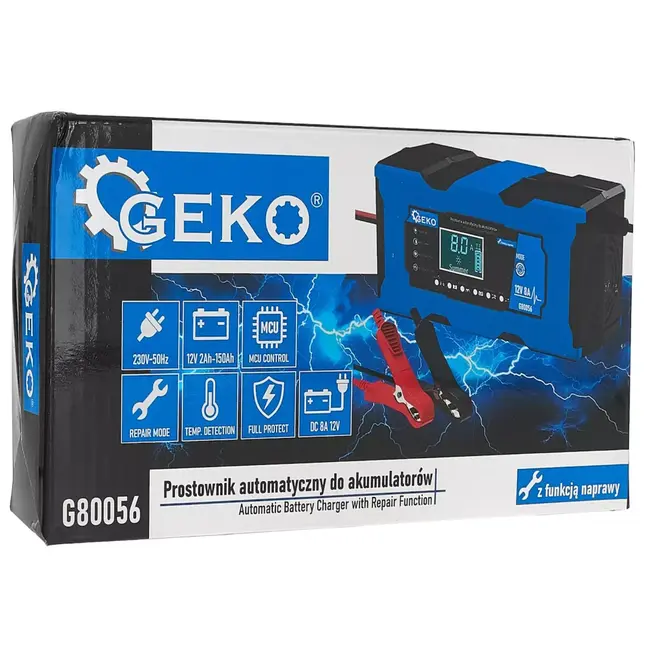 GEKO Intelligente 12V acculader 8A met LiFePO4-stand, reparatiefunctie en 9-staps laadproces