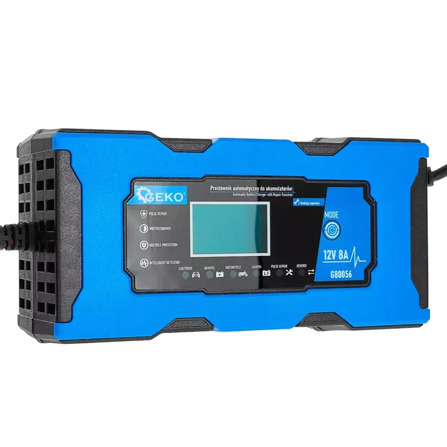 GEKO Intelligente 12V acculader 8A met LiFePO4-stand, reparatiefunctie en 9-staps laadproces