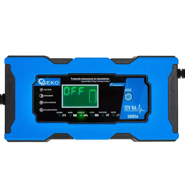 GEKO Intelligente 12V acculader 8A met LiFePO4-stand, reparatiefunctie en 9-staps laadproces