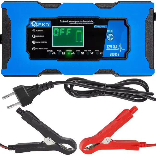 GEKO Intelligente 12V acculader 8A met LiFePO4-stand, reparatiefunctie en 9-staps laadproces