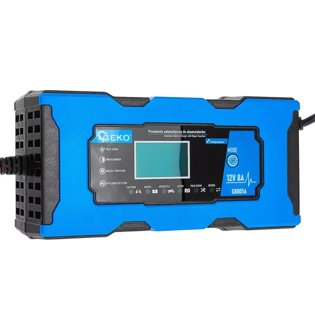 GEKO Intelligente 12V acculader 8A met LiFePO4-stand, reparatiefunctie en 9-staps laadproces