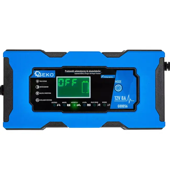 GEKO Intelligente 12V acculader 8A met LiFePO4-stand, reparatiefunctie en 9-staps laadproces