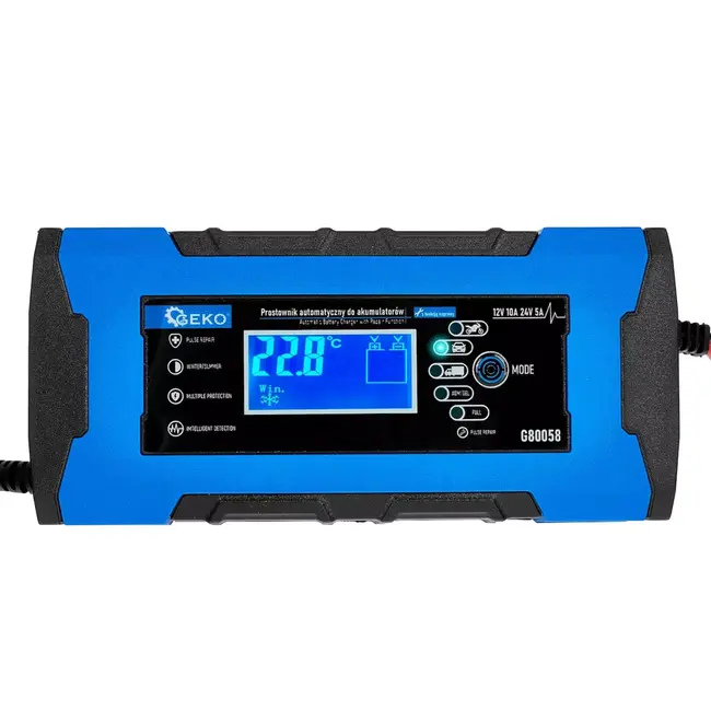 GEKO Krachtige 12/24V acculader 10A met reparatiemodus, winter/zomer functie en lcd-display