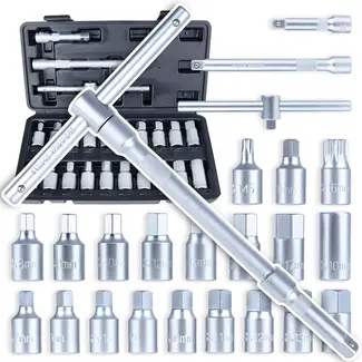 GEKO Professionele 23-delige CrV oliedop- en aftapplug sleutelset met HEX, torx en vierkant bits