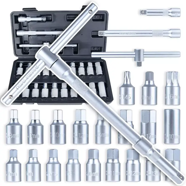 GEKO Professionele 23-delige CrV oliedop- en aftapplug sleutelset met HEX, torx en vierkant bits