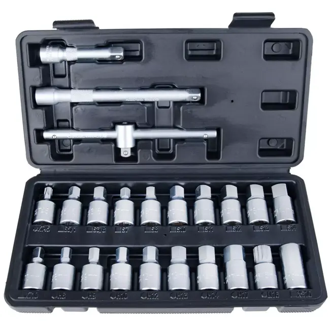 GEKO Professionele 23-delige CrV oliedop- en aftapplug sleutelset met HEX, torx en vierkant bits