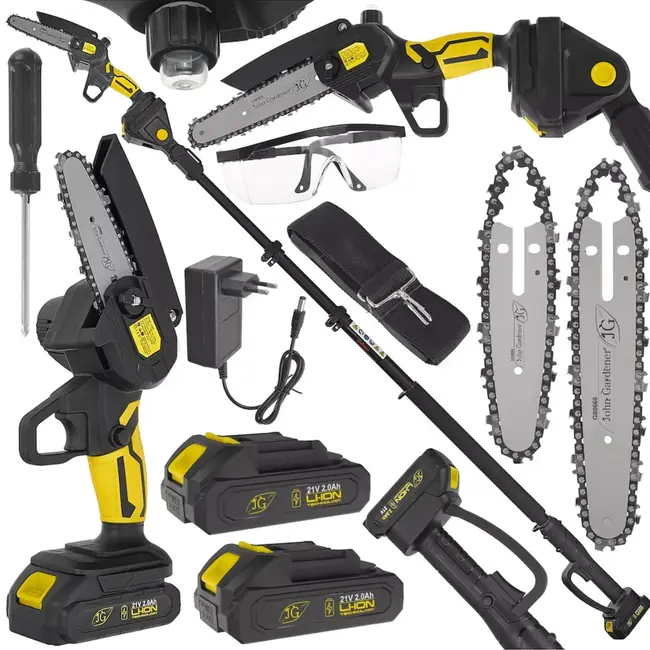 John Gardener Accu snoeizaag met telescoopsteel 1,65–2,50 m en twee zaagbladen voor tuinonderhoud