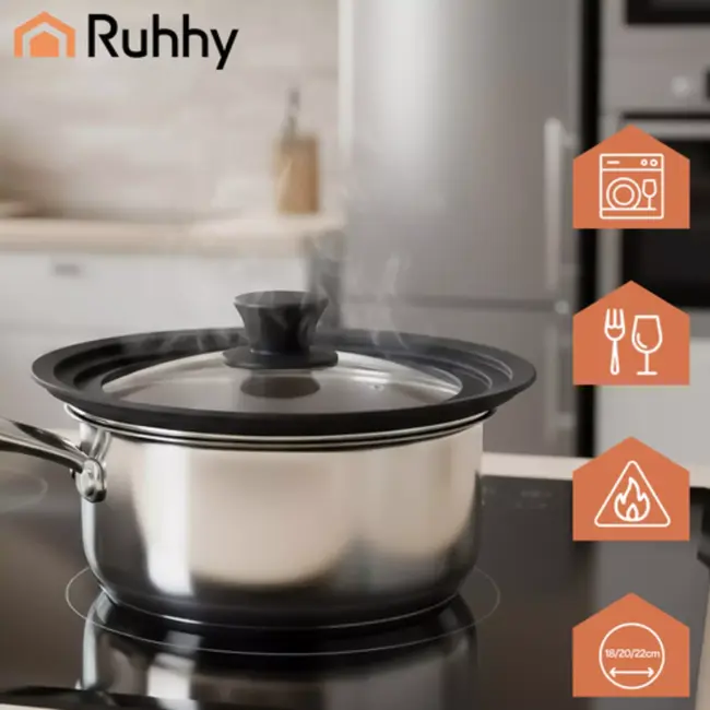 Ruhhy 3-in-1 glazen deksel met siliconen rand geschikt voor pannen van 18 20 22 cm