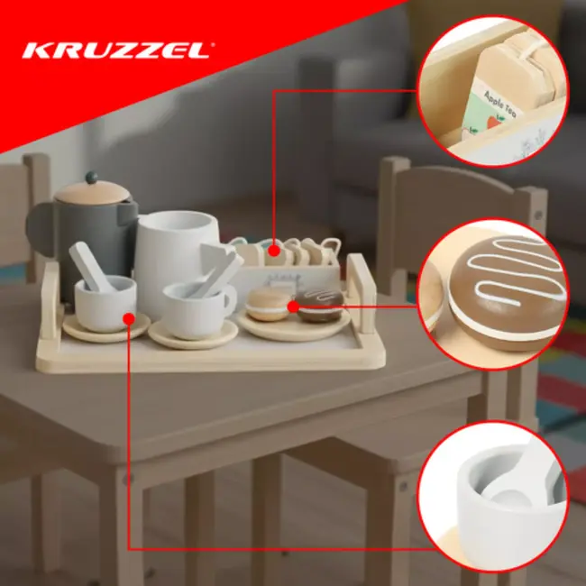Kruzzel Complete 16-delige houten theeset met kopjes, lepels, theezakjes en dienblad voor rollenspel
