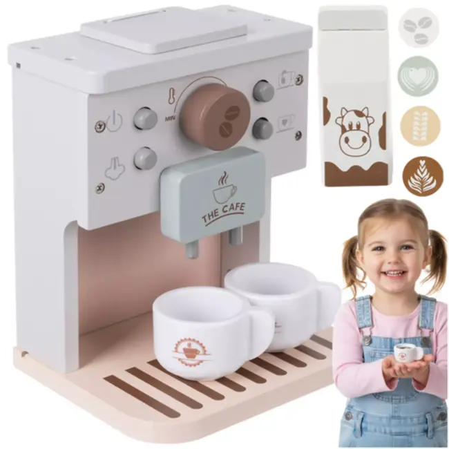 Kruzzel Houten koffiemachine met kopjes, capsules en melkpak voor educatief en fantasierijk rollenspe