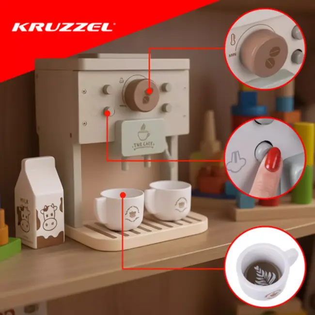Kruzzel Houten koffiemachine met kopjes, capsules en melkpak voor educatief en fantasierijk rollenspe