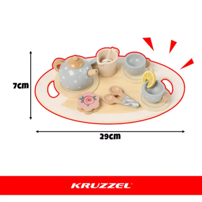 Kruzzel Complete grijze houten theeset met kopjes, koekjes, citroen en dienblad voor rollenspel
