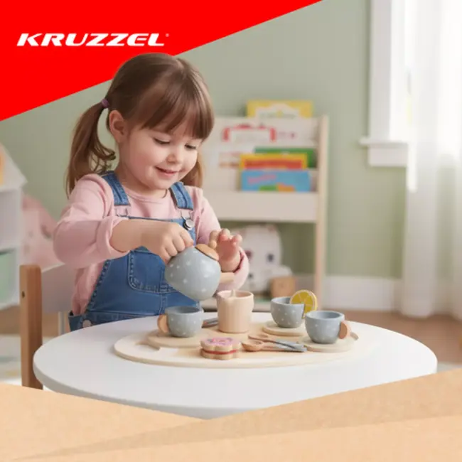 Kruzzel Complete grijze houten theeset met kopjes, koekjes, citroen en dienblad voor rollenspel