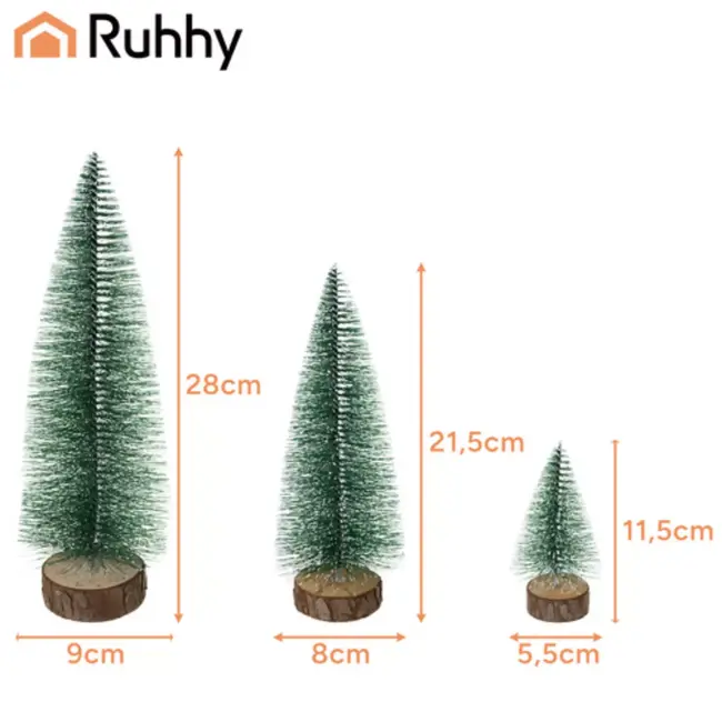 Ruhhy set van 3 mini-kerstbomen met sneeuwlaag en houten voet voor winterdecoratie