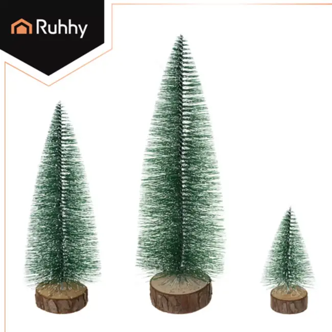 Ruhhy set van 3 mini-kerstbomen met sneeuwlaag en houten voet voor winterdecoratie