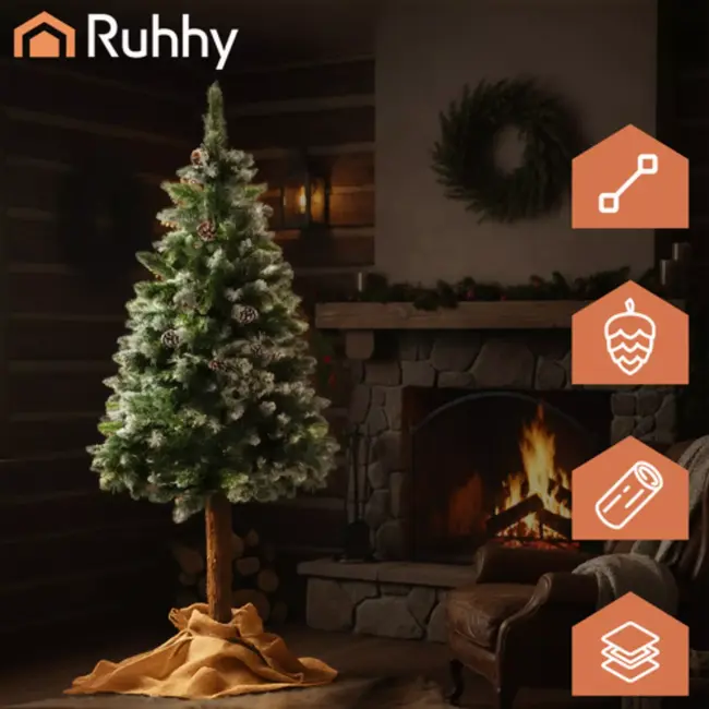 Ruhhy Kunstkerstboom 180 cm of 123 cm met sneeuwaccent en houten stam