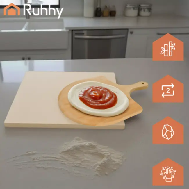Ruhhy Cordieriet pizzasteen 38 x 36 cm met bamboe schep voor pizza