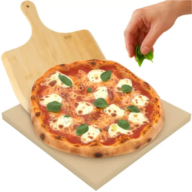 Ruhhy Cordieriet pizzasteen 38 x 36 cm met bamboe schep voor pizza