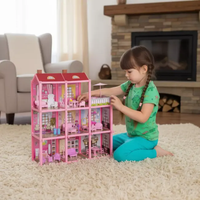 Ruhhy Poppenhuis 3 verdiepingen met 22 meubels en pop