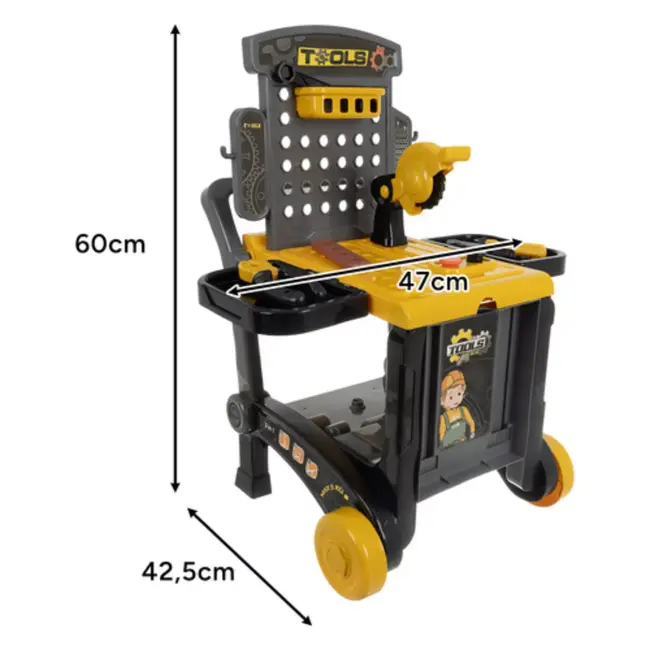 Ruhhy Speelgoedwerkbank 3-in-1 met 59 delige gereedschapsset, trolley en kruiwagenfunctie