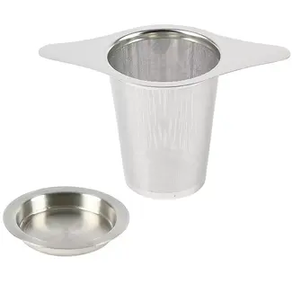 Benson RVS theezeef met fijnmazig gaas, brede vleugels voor elke theekop en handig uitlekschaaltje