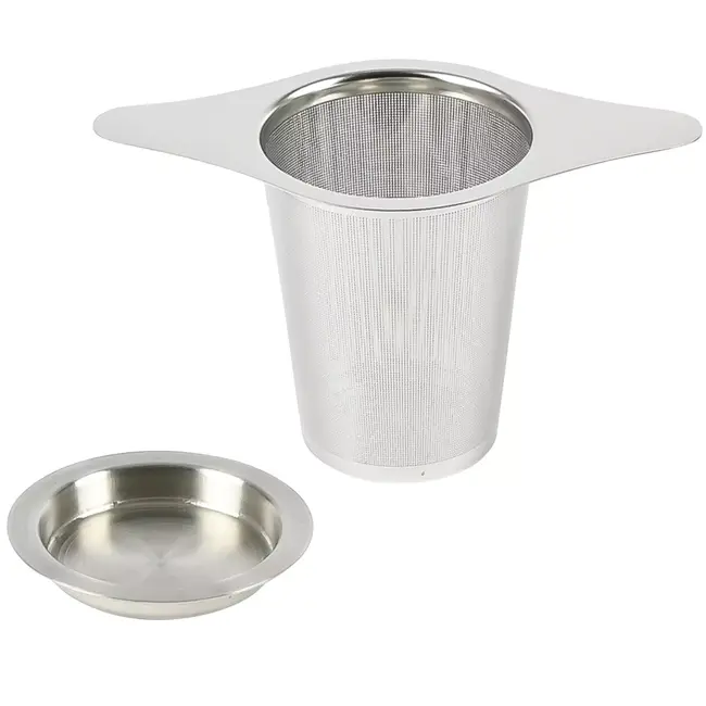 Benson RVS theezeef met fijnmazig gaas, brede vleugels voor elke theekop en handig uitlekschaaltje