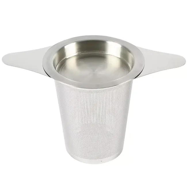 Benson RVS theezeef met fijnmazig gaas, brede vleugels voor elke theekop en handig uitlekschaaltje