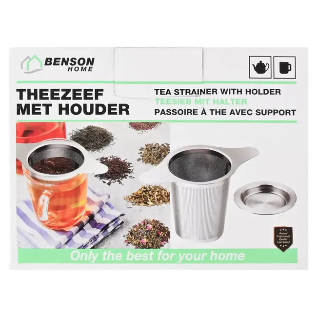 Benson RVS theezeef met fijnmazig gaas, brede vleugels voor elke theekop en handig uitlekschaaltje