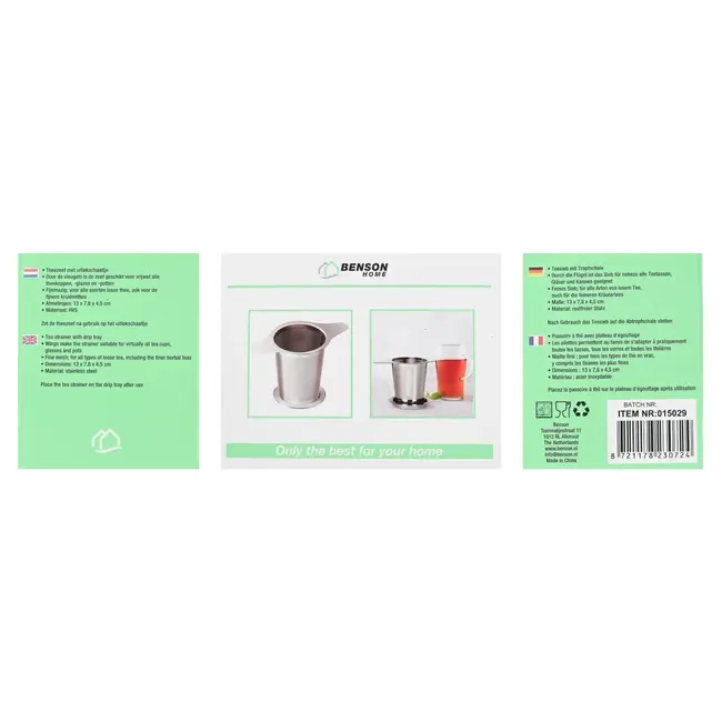 Benson RVS theezeef met fijnmazig gaas, brede vleugels voor elke theekop en handig uitlekschaaltje